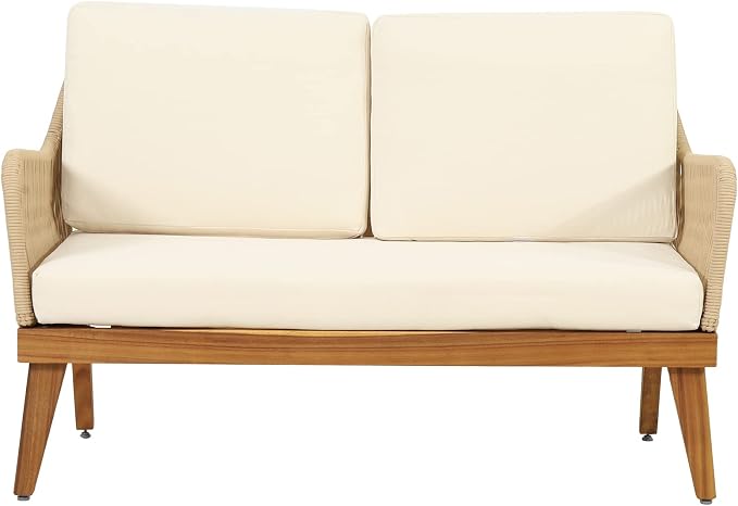 4-Piece Acacia Wood Patio Furniture Set, Outdoor Conversation Set with Rope Weave, Loveseat, 2 Chairs & Coffee Table, Teak