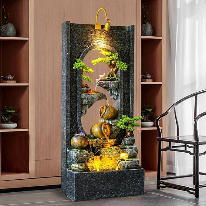 60" LED Outdoor Cement Fountain with Mist, Rock Waterfall & 50 Crystals – Zen Decor for Patio, Garden, Balcony or Housewarming (B)
