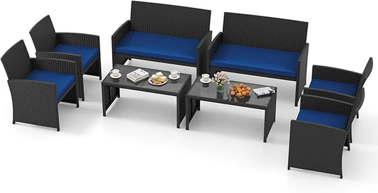 Tangkula 8 Piece Patio Wicker Furniture Set, Outdoor Heavy Duty Rattan Cushioned Chairs, Loveseat and Tempered Glass Coffee Table, for Backyard, Balcony, Poolside