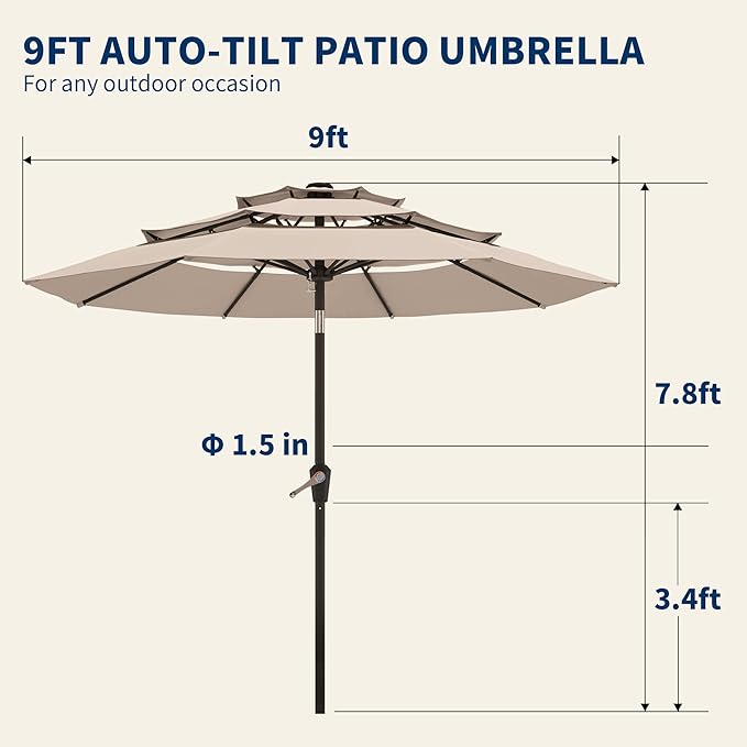 9FT 3 Tiers Patio Umbrella With Auto Tilt And Crank, Outdoor Table Market Umbrella with 8 Sturdy Ribs for Garden, Lawn, Deck, Backyard and Pool