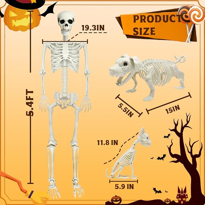 5.4ft Halloween Full Size Skeleton with Dog Cat for Haunted Party Decor | Life Like Posable Skeleton Realistic Human Plastic Bones with Animals Skeleton for Halloween Party Lawn Haunted House Decor