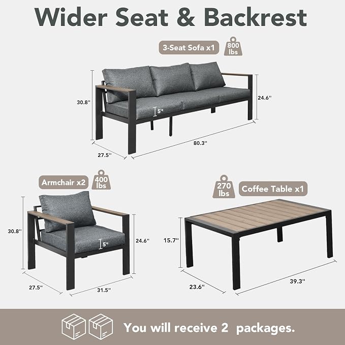 Outdoor Patio Furniture Set 5 Seats Luxury Aluminum Patio Conversation Set with Washable Thick Cushions, 4 Pieces Outdoor Sectional for Porch, Balcony, Deck, Yard, Gray