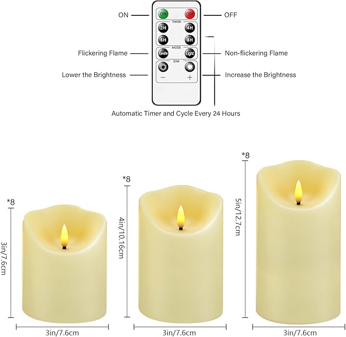 Nimiko Flameless Candles with Remote, Battery Operated Flickering Flameless Candles, LED Candles with Timer 2/4/6/8H, with Realistic LED Candles Set of 24 (D3 x H 3" 4" 5" 6" 7") (Ivory)
