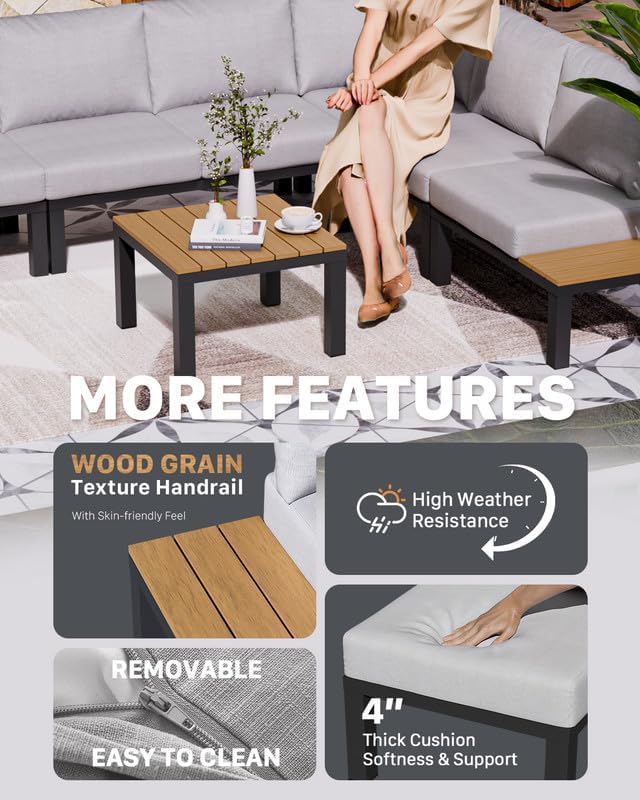 ZANDOR 5 Pieces Aluminum Outdoor Patio Furniture Set, Movable Backrest Modular Sectional Sofa Set, Metal Conversation Set with 4-inch Thick Cushion for Garden Backyard Porch, Grey