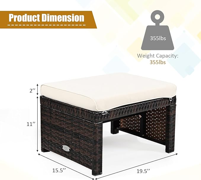 COSTWAY 5PCS Patio Rattan Wicker Furniture Set, Coversation Set with Side Table, Outdoor Cushioned Chairs with Ottomans for Backyard Deck, White