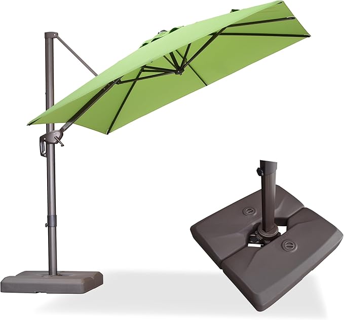 PURPLE LEAF 8' X 8' Cantilever Patio Umbrella with Base Included Antique Bronze Square Umbrella with 360° Rotation and Aluminum Offset Hanging Outdoor Umbrella for Pool Garden Backyard Deck, Green