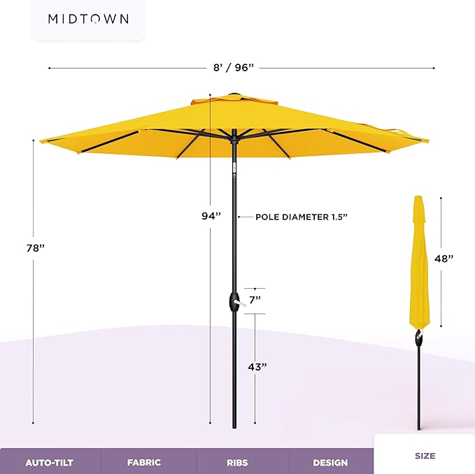 Midtown Umbrellas – The Lean 8 Ft Patio Umbrella with 10-Year-No-Fade Acrylast Acrylic Fabric, Auto-Tilt and 8 Reinforced Ribs for Deck, Pool, Garden, Hotel & Cafes – Studio Yellow Canopy, Black Pole