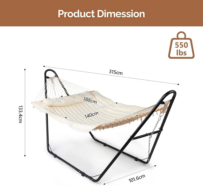Hammock with Stand, 550 lbs Outdoor Double hammocks, Dual-Spreader Bar, Anti-tip Design, Backyard Furniture, Soft Pillow Included, Heavy Duty 2 Person Hammock Set for Patio, Porch, Beach, Yard, Beige