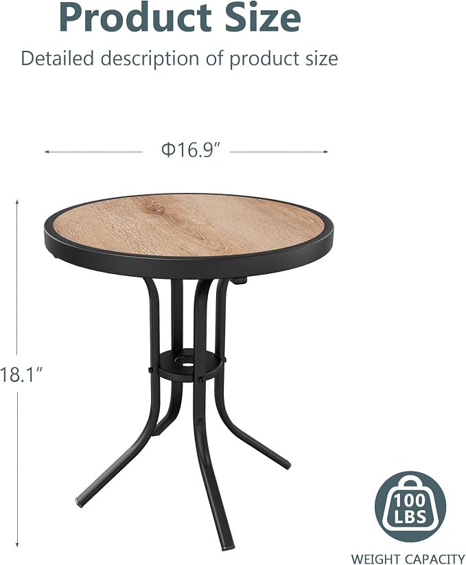 Outdoor Side Table with Wood-Like PDC Top, 17" Small Round Side Table Metal Patio End Table with Steel Frame for Balcony Garden Porch Deck Indoor