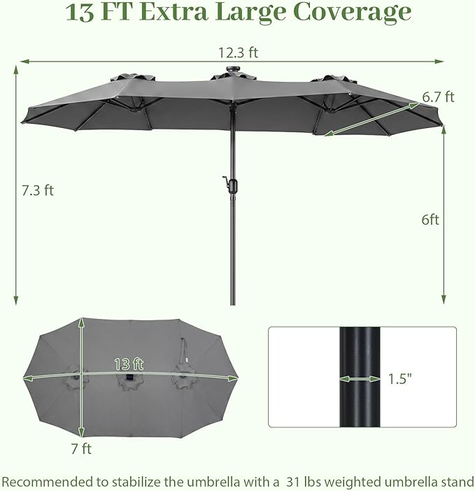 Tangkula 13 Ft Solar Patio Umbrella, Double-Sided Extra Large Outdoor Market Table Umbrella with 36 LED Lights, Crank Handle, 12 Sturdy Ribs for Poolside, Garden & Backyard (Gray)