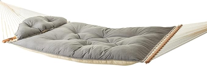 Hatteras Hammocks Large Cast Slate Sunbrella Tufted Hammock with Detachable Pillow – 13 ft. x 55 in., 2-Person, 450 lb Capacity, Cumaru Spreader Bar – Handcrafted in The USA