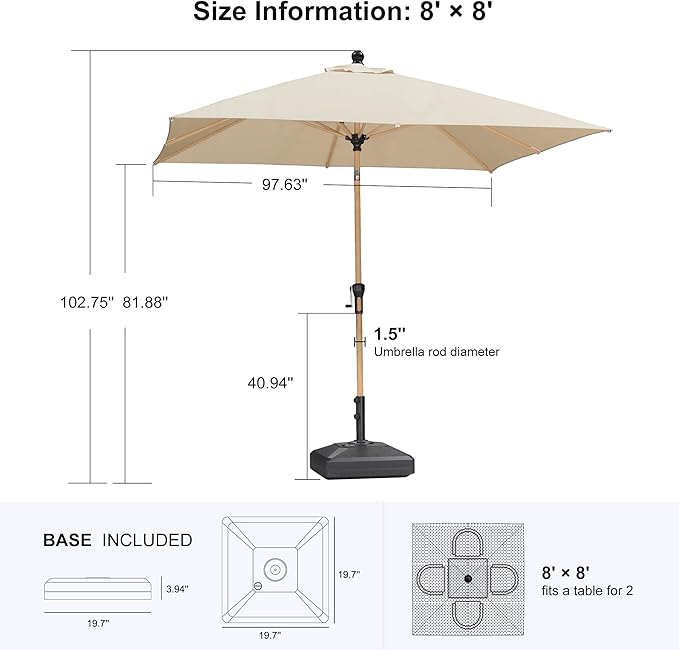 PURPLE LEAF 8' x 8' Square Outdoor Table Umbrella with Base Patio Umbrella Aluminum Market Umbrella with Push Button Tilt & Crank and 8 Ribs Outdoor Umbrella for Pool Backyard Beach, Beige