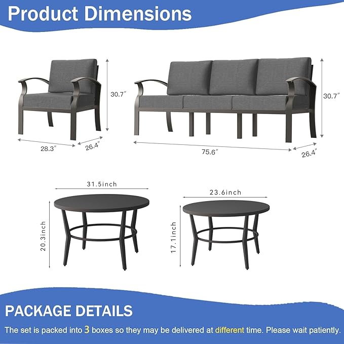 Kullavik Aluminum Patio Furniture Set with 2 Round Coffee Tables,5-seat Metal Outdoor Sectional Furniture w/5.1" Cushions,Patio Conversation Sets for Garden,Backyard,Porch-Grey