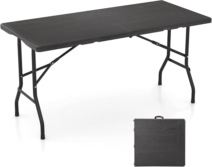 Giantex 5 FT Folding Table, HDPE Foldable Dining Table for 6, Indoor Outdoor Use for Party Banquet Wedding Picnic Camping BBQ, Fold-in-Half Portable Space Saving Design (Black)
