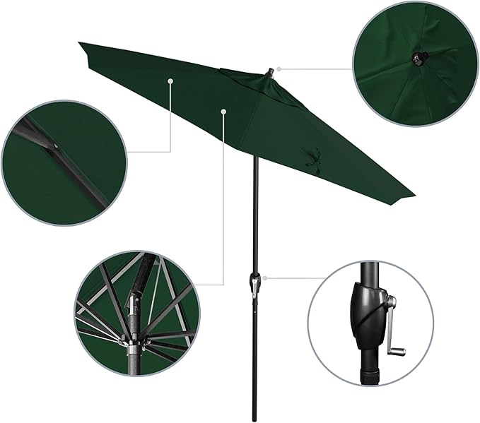 California Umbrella 7.5' Rd Aluminum Patio Umbrella, Crank Lift, Auto Tilt, Black Finish, Hunter Green