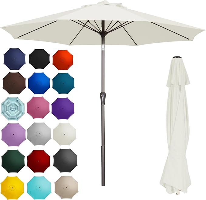 PatioKingdom 9FT Patio Outdoor Umbrella-UPF 50+ Sun Shade with Wind Vent, Push-Button Tilt & Smooth Crank Lift, Rust-Resistant Fiberglass Frame for Garden, Backyard,Yard (Creamy-white)