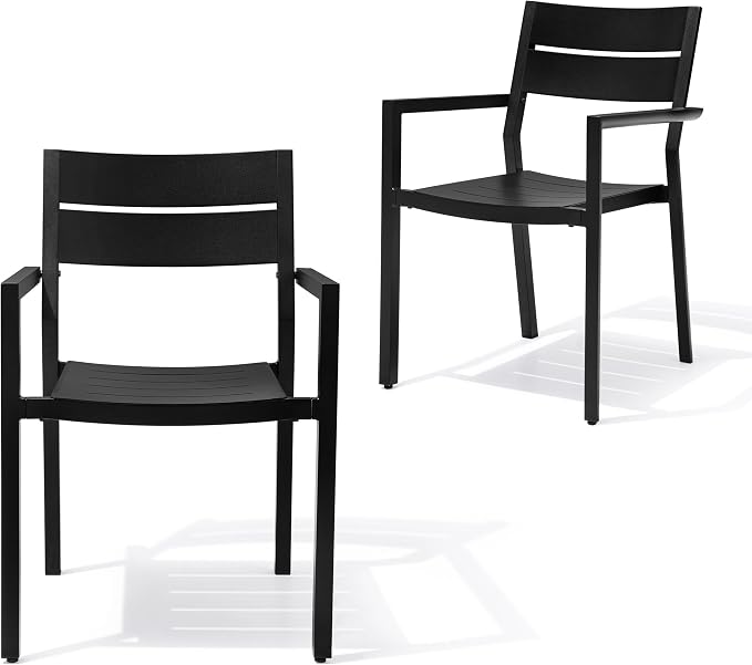Aluminum Stackable Outdoor Dining Chairs Set of 2 | Modern Black Patio Armchair with Slat Back for Garden, Poolside, Backyard & Porch