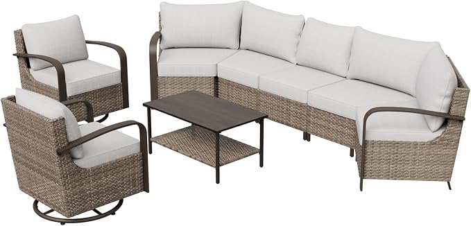 COOS BAY Aurora Terrace 6 Piece Outdoor Sectional Furniture Set, Half Moon Rattan Wicker Conversation Set with Swivel Chairs, 5 Seat Sofa & Coffee Table for Patio Garden Yard, Beige/Beige