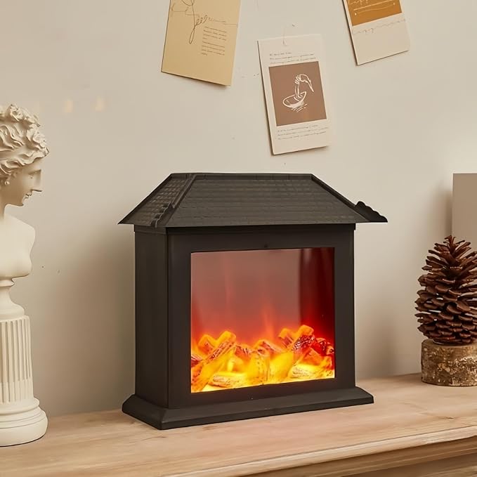 Simulated LED Fireplace Lantern USB & Battery Powered Flameless Light with Simulation Flame Table Decorative Lamp Mini Fireplace Ornament for Cozy Home Decor Free Standing Electric Log Burner