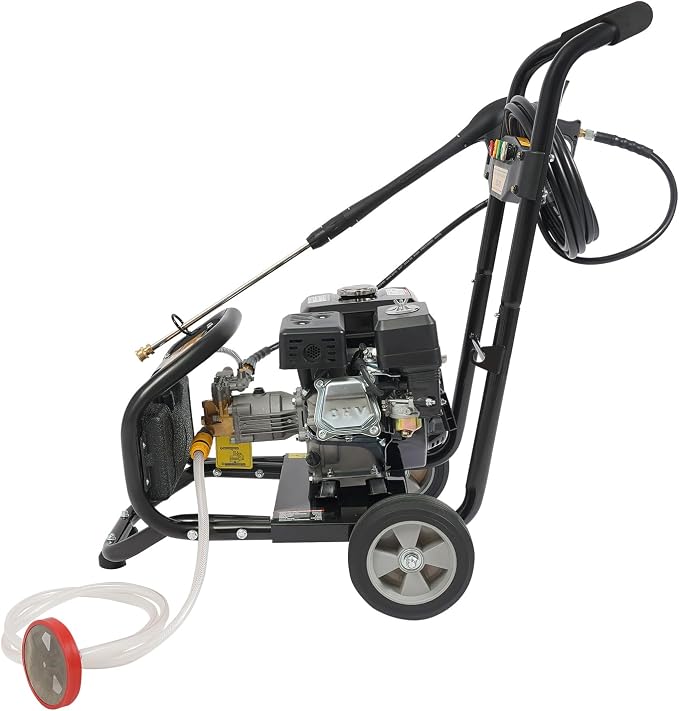 Gas Pressure Washer 2600PSI, 2.4GPM Max Flow, 7HP High Pressure Washer with Hose, Two Wheels, 5 Different Nozzles, for Cars, Fences, Driveways, Homes, Patios, Furniture