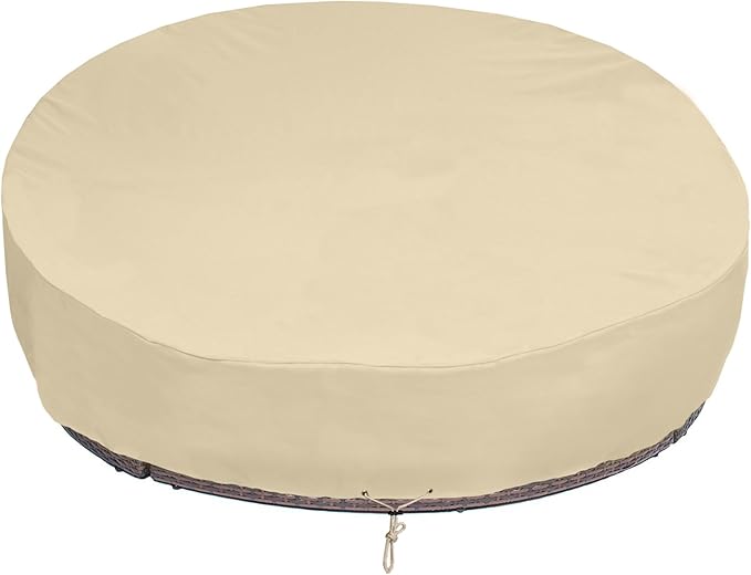 SunPatio Round Patio Daybed Cover 88 Inch, Heavy Duty Waterproof Outdoor Canopy Daybed Sofa Cover with Taped Seam, 85"L × 88"W × 35" /16"H, All Weather Protection, Beige