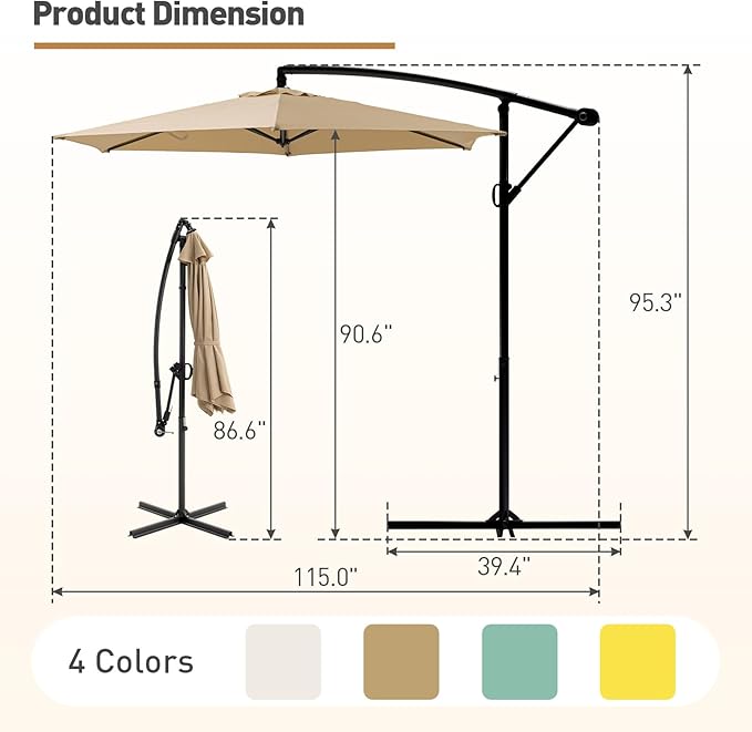 COSIEST Offset Patio Umbrella, Cantilever Hanging Outdoor Umbrella w/360-degree Rotation, Handy Crank, UV/Waterproof Canopy, 6 Ribs for Market, Backyard, Poolside, Garden