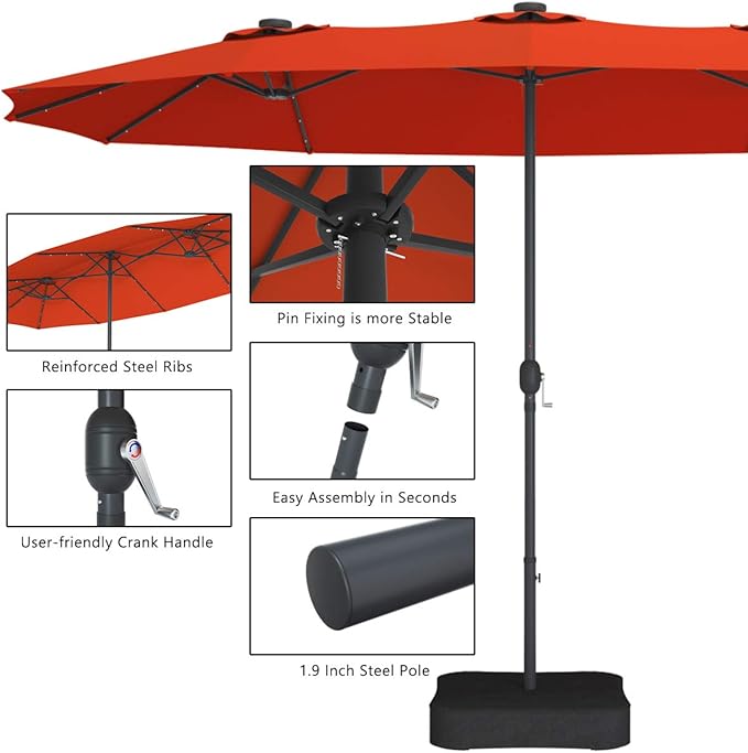 Tangkula 15 Ft Double Sided Patio Umbrella with Solar Lights, Extra Large Rectangle Outdoor Umbrella with 36 LED Lights & Crank Handle for Deck, Poolside, Garden, Backyard (Orange)
