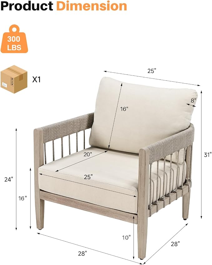 Patio Sofa Chairs Set of 2, Never-Rust Aluminum Outdoor Armchairs with Faux Wood Grain Finish, 2 Pieces Rope Weave Outdoor Sofa Chairs with Removable Cushions for Garden, Backyard, Deck