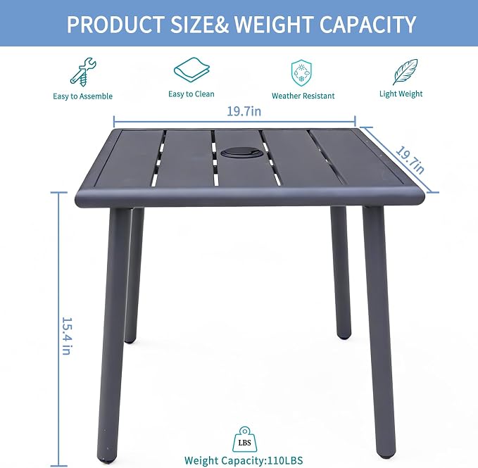 Small Metal Outdoor Side Table with Umbrella Hole, Sqaure Patio Coffee Bistro Table End Table, Umbrella Table with Hole for Poolside Backyard Porch Deck Balcony,19.7x19.7 inches, Gray