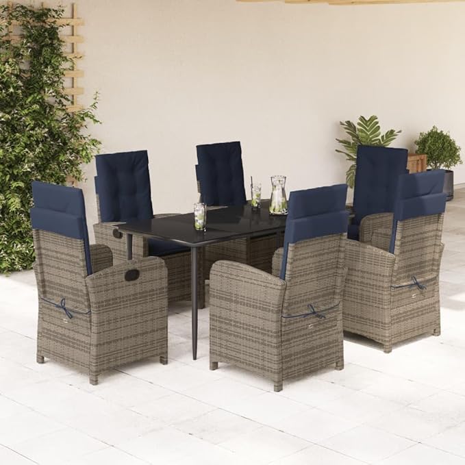 Backyard Furniture Patio Conversation Sets Outdoor Seating 7 Piece Patio Dining Set with Cushions Gray Poly Rattan Suitable for Gardens, Balconies, Decks