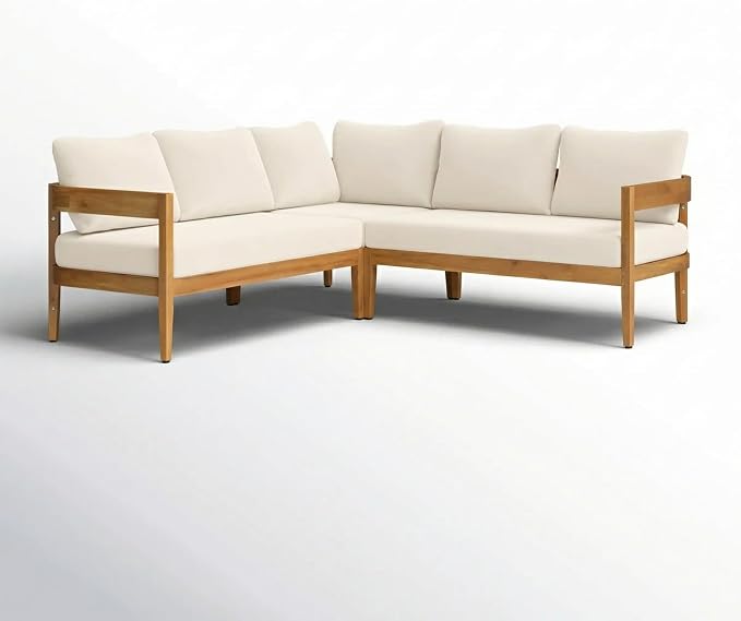 Merax Outdoor 80" Acacia Wood Curved Sectional 5-Seater Sofa, Patio V-Shaped Sofa Couch with Weather-Resistant Cushions for Porch, Lawn, Backyard, Balcony, Teak+ Beige
