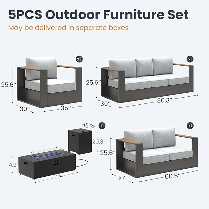 Aluminum Patio Furniture Set, 7 Seats Luxury Seating Furniture with 42" Fire Pit Table, All Weather Outdoor Conversation Sets with 6" Thickened Cushions