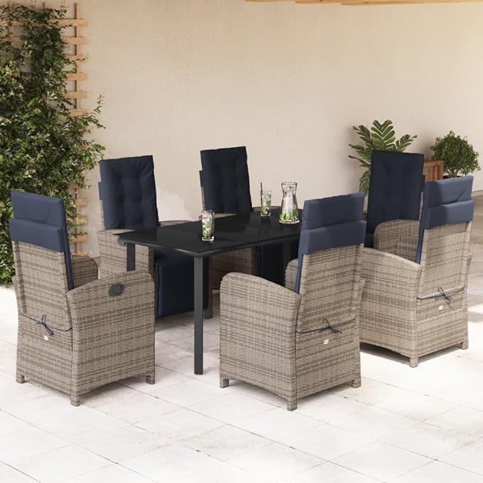 Backyard Furniture Patio Conversation Sets Outdoor Seating 7 Piece Patio Dining Set with Cushions Gray Poly Rattan Suitable for Gardens, Balconies, Decks