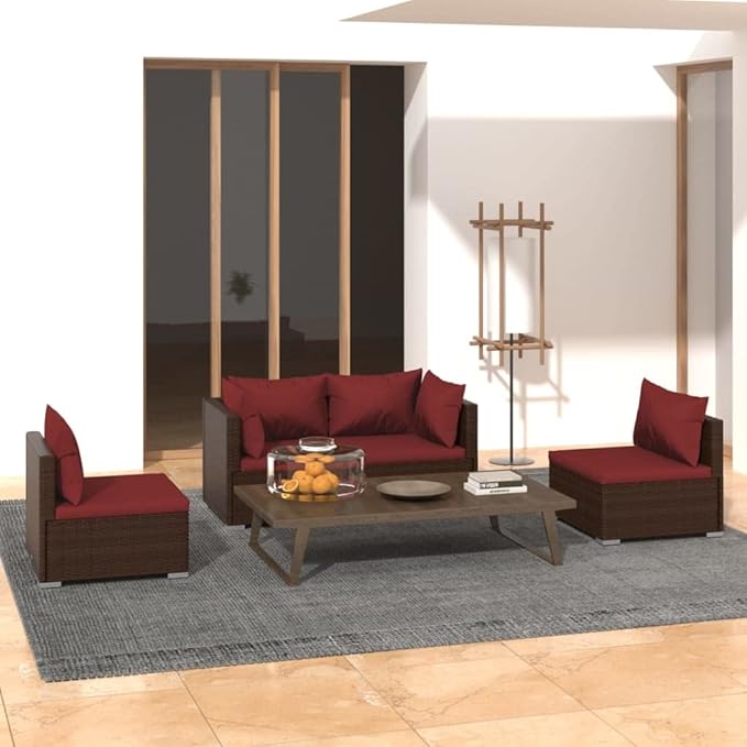 4 Piece Patio Lounge Set with Cushion, Furniture Conversation Sets Outdoor Patio Sectional Piece Patio Set Patio Lounge Set s Poly Rattan Brown