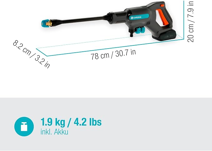 GARDENA Idropulitrice AquaClean 24/18V P4A Set pronto all’uso: idropulitrice a batteria per esterno, 3 livelli di pulizia, pressione max. 24 bar, incl. batteria + caricabatterie (14800-20)