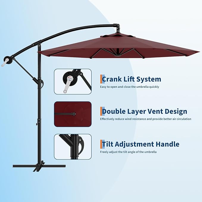 IDEALHOUSE 10FT Offset Cantilever Patio Umbrella with Cross Base, Large Outdoor Umbrella with Infinite Tilt & Crank Lift, UPF 50+ Fade-Resistant Fabric, Vented Canopy for Garden, Deck, Backyard