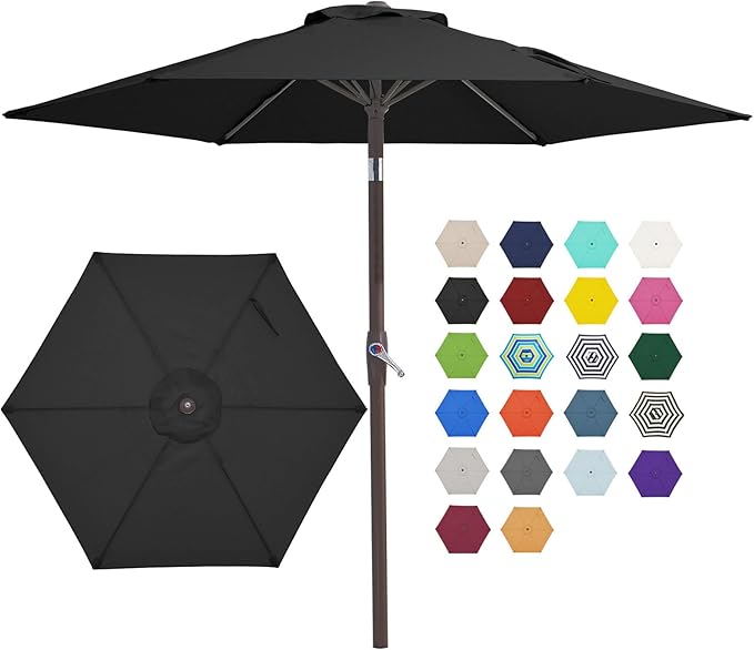 JEAREY 7.5FT Patio Umbrella Market Table Umbrella with 6 Sturdy Ribs, Push Button Tilt/Crank Outdoor Umbrella for Garden, Deck, Backyard,Dark Black