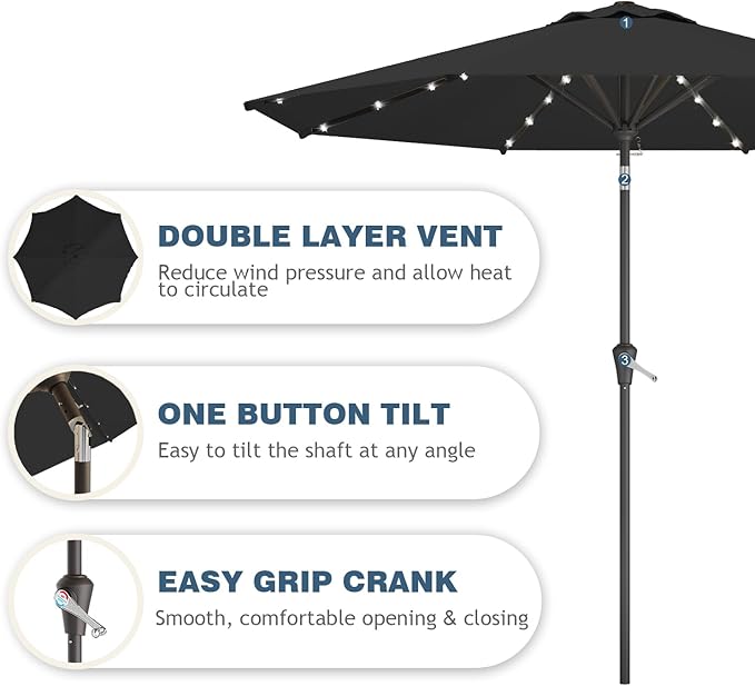 9FT Patio Umbrella with Solar Lights,Outdoor Market Umbrella with Tilt and Crank, LED Lighted Table Umbrella for Garden,Deck,Backyard,Pool,Beach (Black)