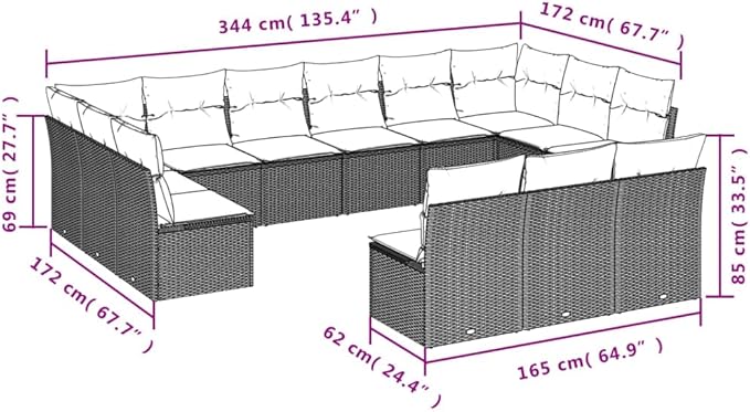 13 Piece Patio Sofa Set with Cushions, Sectional Sofa Garden Lounge Set Outdoor Dining Sets Patio Conversation Set for Negotiation Area Poolside Garden Piazza Black Poly Rattan
