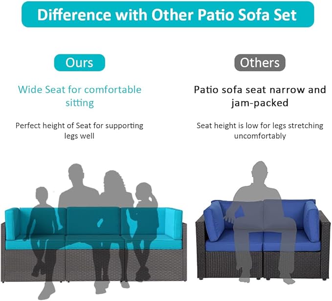 FIZZEEY 7 PCs Outdoor Patio Furniture PE Wicker Rattan Sectional Conversation Sofa Set, Turquoise