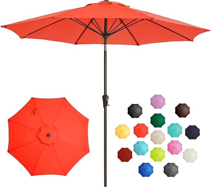 LOUNZY 9FT Large Outdoor Patio Umbrella Table Umbrella-UV Resistant,Easy Push Button Tilt and Crank,8 Sturdy Fiberglass Ribs Pool Umbrella for Patio,Backyard,Deck,Yard,Market