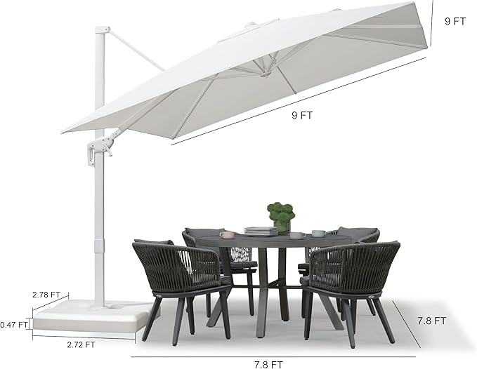 PURPLE LEAF 9 FT Patio Umbrella With Base White Cantilever Umbrella Square Outdoor Offset Umbrella Windproof with 360° Rotation for Garden Deck Pool, White
