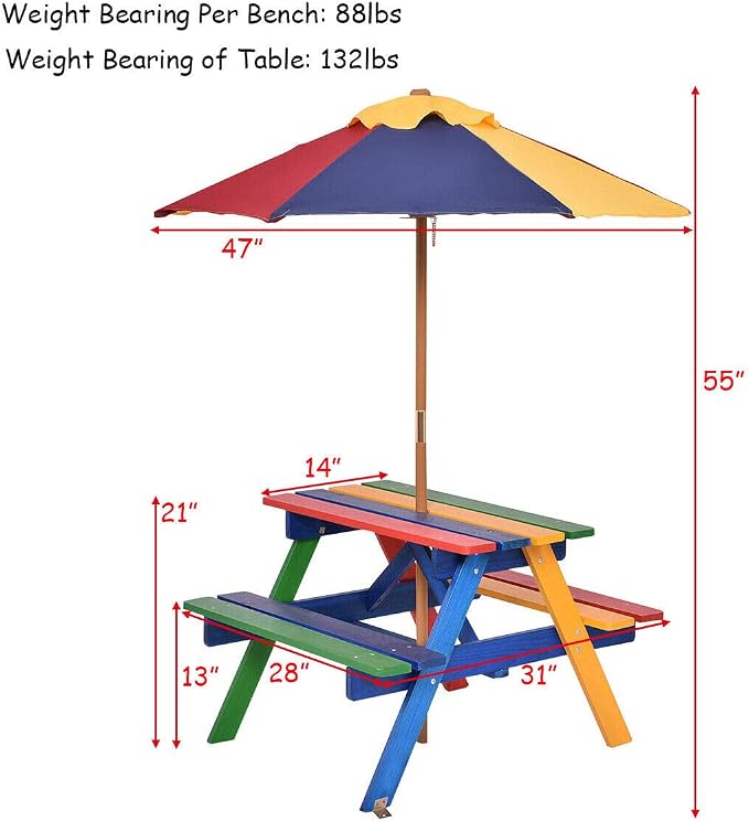 HAPPYGRILL Kids Picnic Table Set Children Table with Umbrella