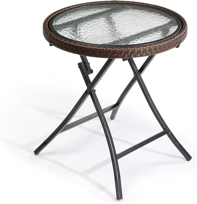 19in Modern Round Rattan Folding Glass Outdoor Side Table, Small Patio Table with Tempered Glass Top