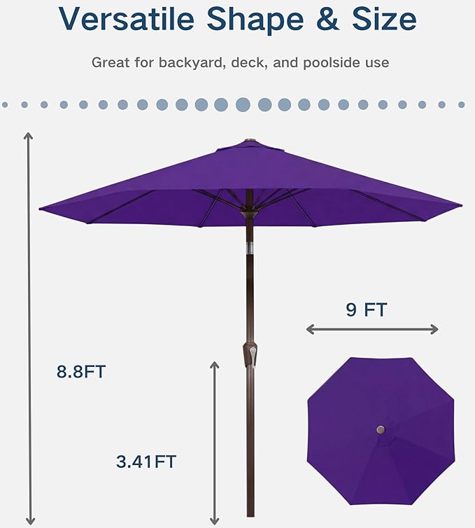 PatioKingdom Auto-Tilt 9FT Patio Umbrella Outdoor with 8 Sturdy Fiberglass Ribs,Market Table Umbrella for Pool,Backyard,Deck and Garden