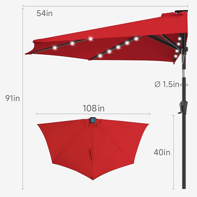 9ft Solar Half Umbrellas Outdoor - LED Half Patio Umbrella with 25 Lights, UV Protection Waterproof, Half Round Umbrella for Wall Balcony, Pool, Porch, Garden, Deck, Backyard, Red
