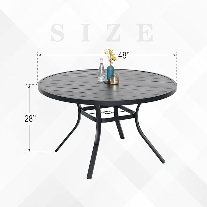 Patio Dining Table for 4,Steel Slatted Round Outdoor Table with Adjustable Umbrella Hole,48",Black