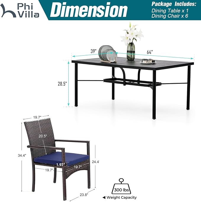 PHI VILLA 7 Piece Patio Dining Set, 64” Rectangular Table, Rattan Chairs | Outdoor Dining Set for 6, Metal Dining Table with Umbrella Hole, Rattan Wicker Chairs with Cushions for Patio, Deck, Porch