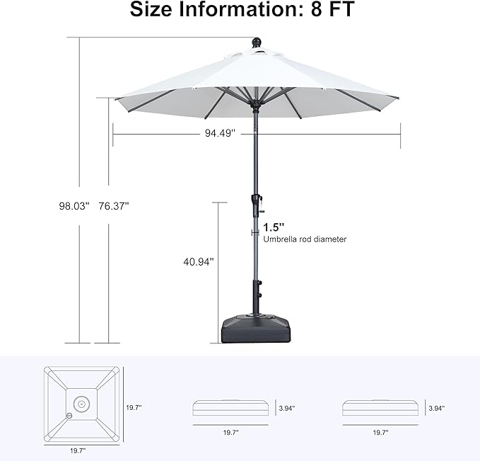 PURPLE LEAF 8' Round Patio Market Umbrella with Base Outdoor Table Umbrellas Aluminum Frame Sun Shade with 8 Sturdy Ribs Tilt for Garden Deck Lawn Pool White