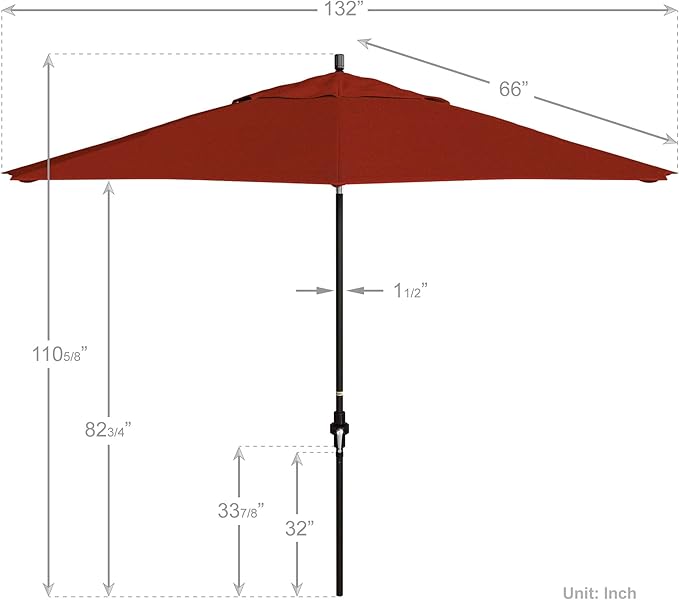 California Umbrella 11Ft Premium Sunbrella Patio Umbrella, Hand-Crank, Tilt-Collar, Bronze Frame, Terracotta Fabric